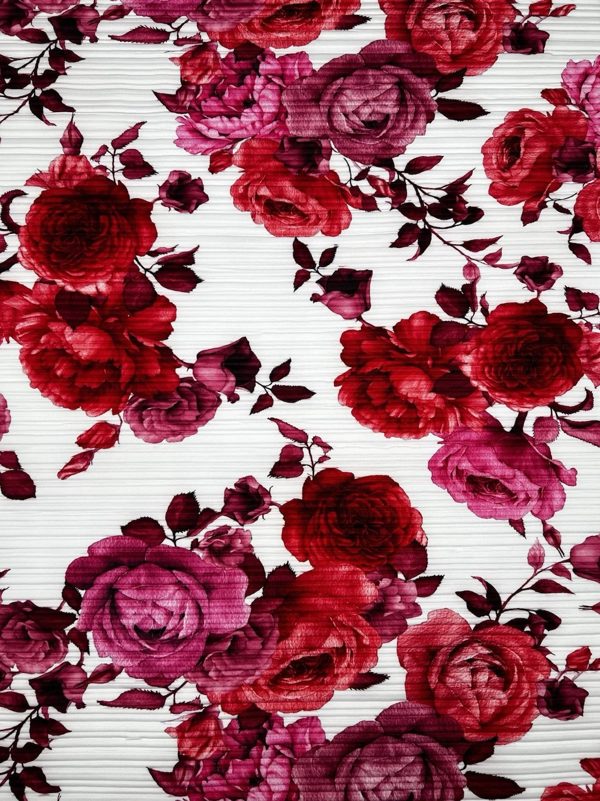 Red Pink Rose Floral Print Pleated Plisse Fabric - Flowing Dress Skirt 150cm