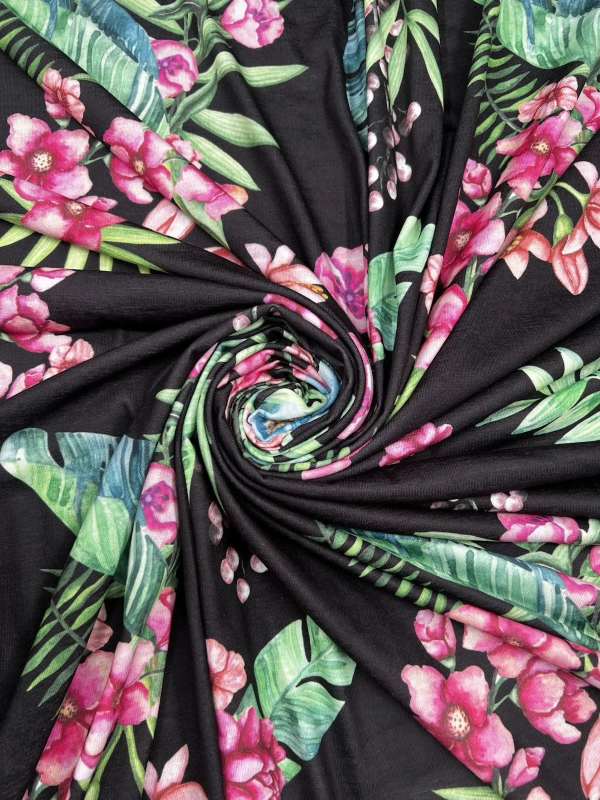 Black Tropical Floral Spun Polyester Jersey Fabric – Pink & Blue Flowers 155cm