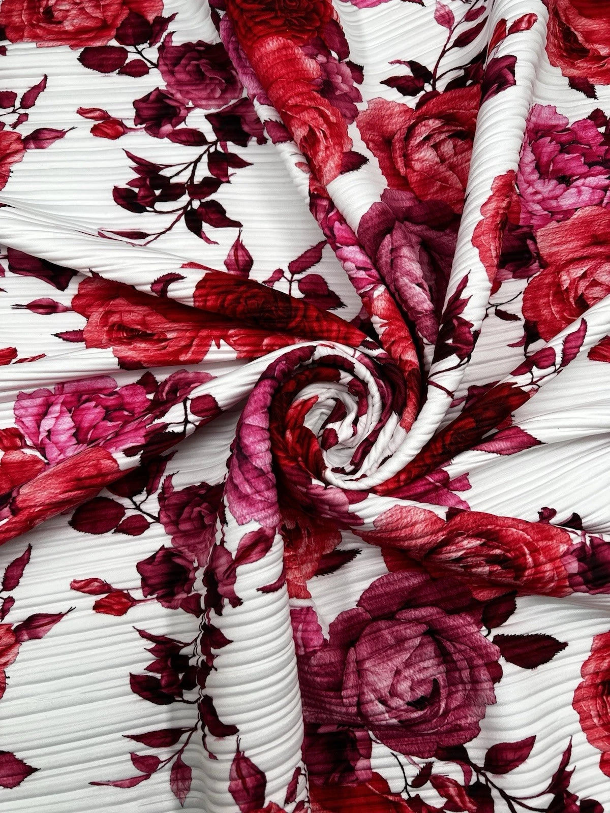 Red Pink Rose Floral Print Pleated Plisse Fabric - Flowing Dress Skirt 150cm