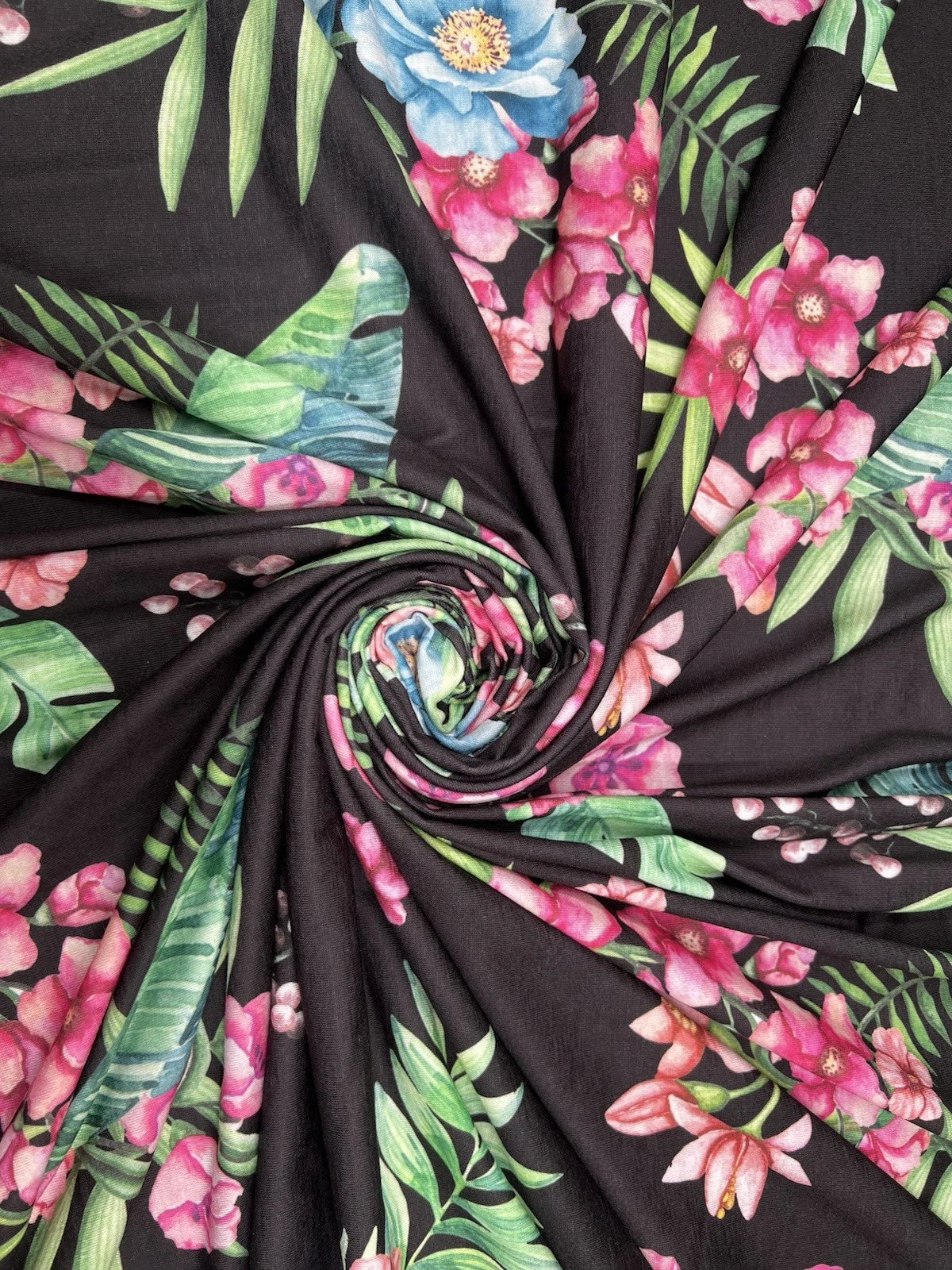Black Tropical Floral Spun Polyester Jersey Fabric – Pink & Blue Flowers 155cm