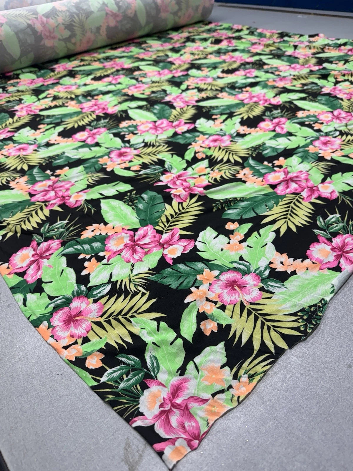 Black Tropical Floral Spun Polyester Jersey Fabric – Pink Hibiscus & Green Leaves 150cm