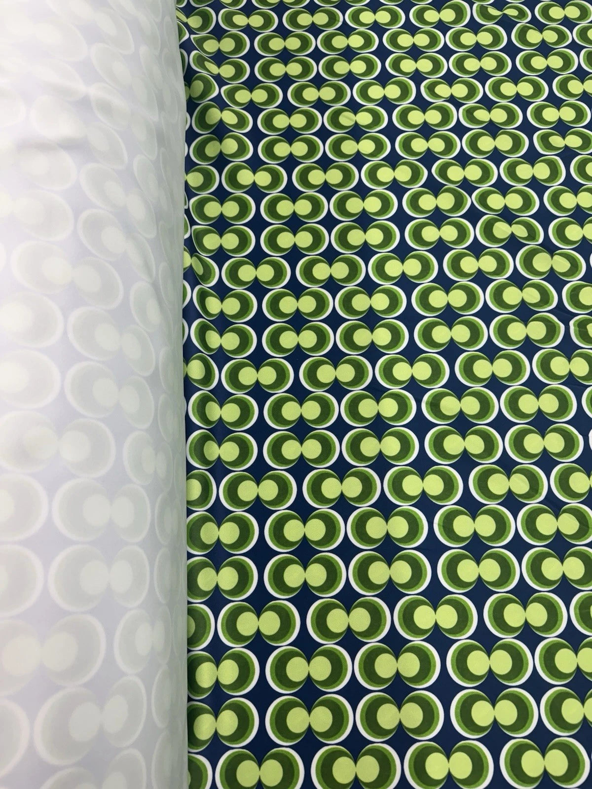 Green Navy Retro Geometric Stretch Jersey Fabric Circles Dressmaking 148cm