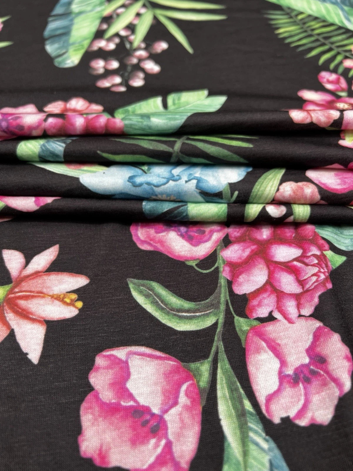 Black Tropical Floral Spun Polyester Jersey Fabric – Pink & Blue Flowers 155cm