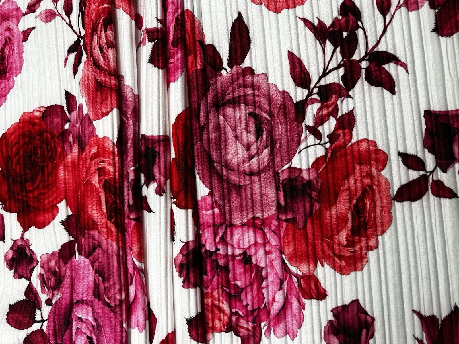 Red Pink Rose Floral Print Pleated Plisse Fabric - Flowing Dress Skirt 150cm