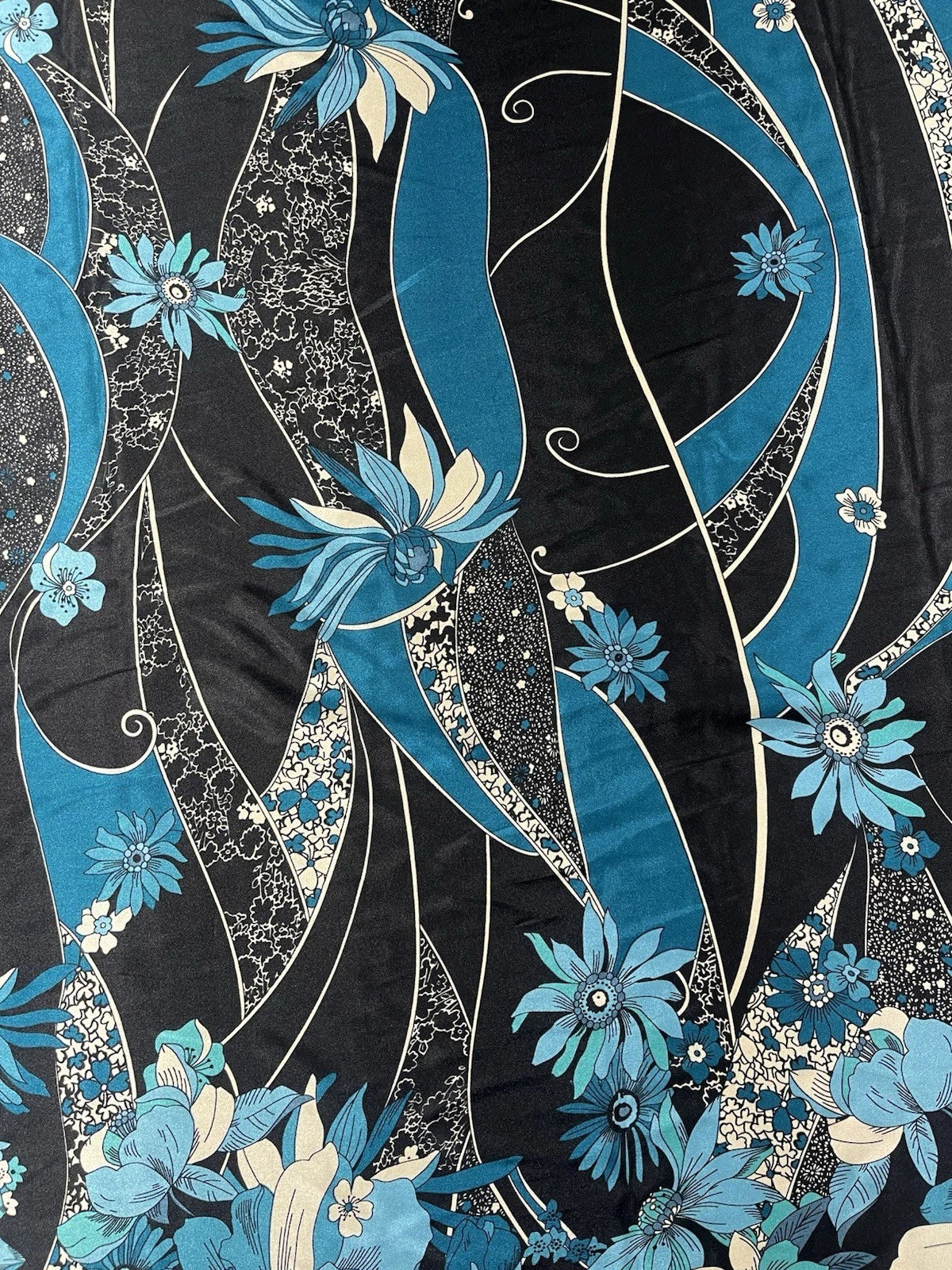 Blue Floral Art Deco Satin Fabric – Black Background 150cm