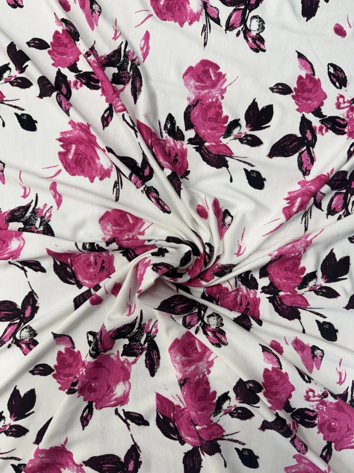 Ivory Floral Spun Polyester Jersey Fabric – Magenta Rose Print 150cm