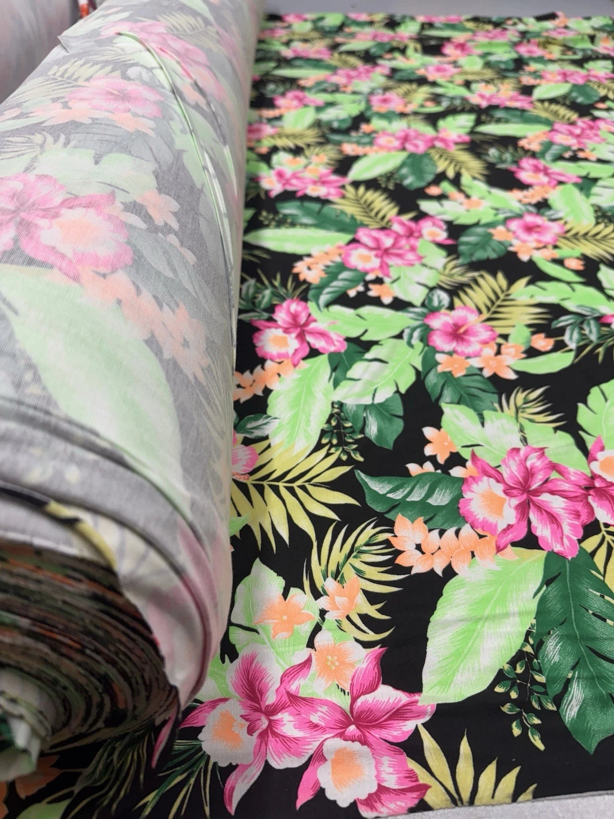 Black Tropical Floral Spun Polyester Jersey Fabric – Pink Hibiscus & Green Leaves 150cm