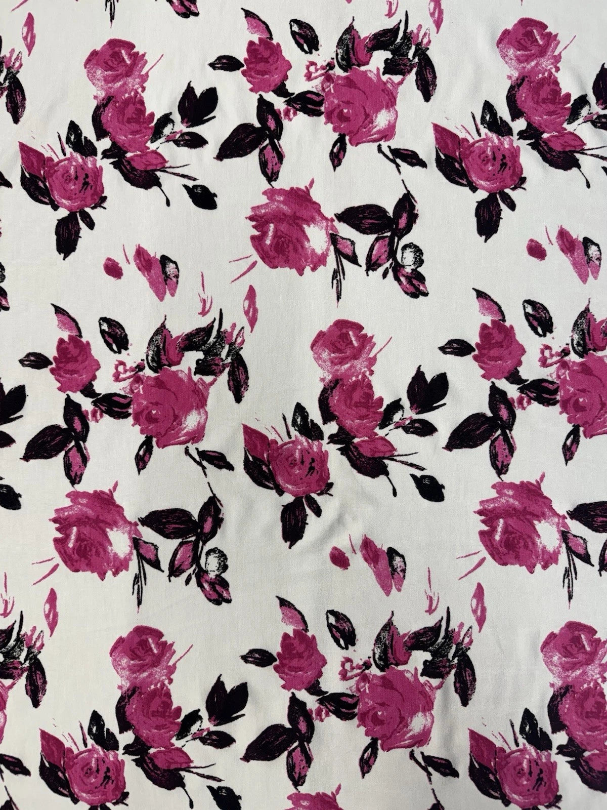 Ivory Floral Spun Polyester Jersey Fabric – Magenta Rose Print 150cm
