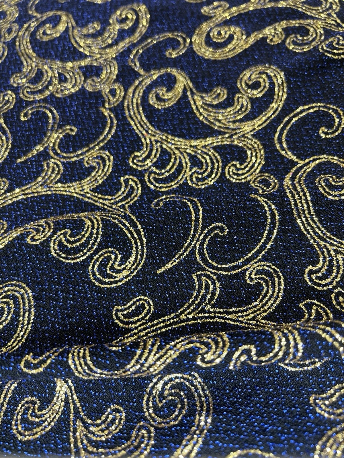 Navy Blue & Gold Brocade Fabric Metallic Swirl Jacquard Upholstery Material 150cm
