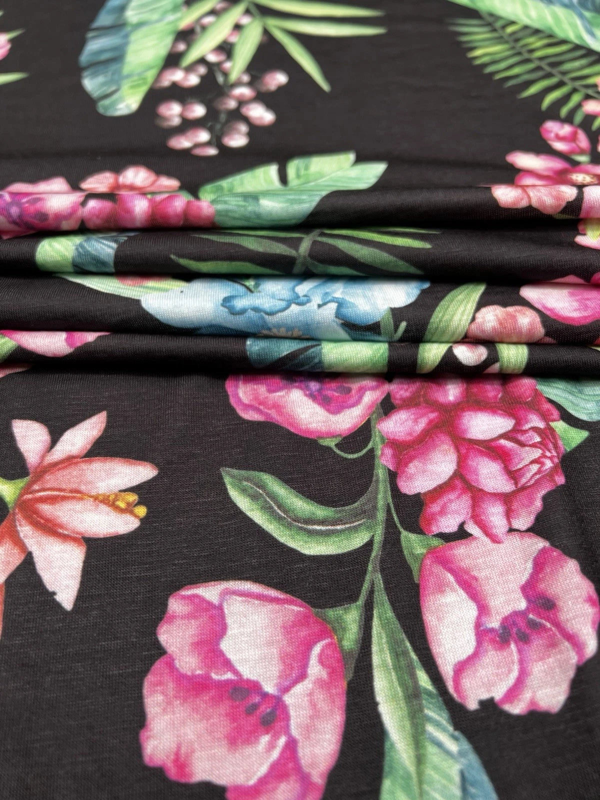 Black Tropical Floral Spun Polyester Jersey Fabric – Pink & Blue Flowers 155cm