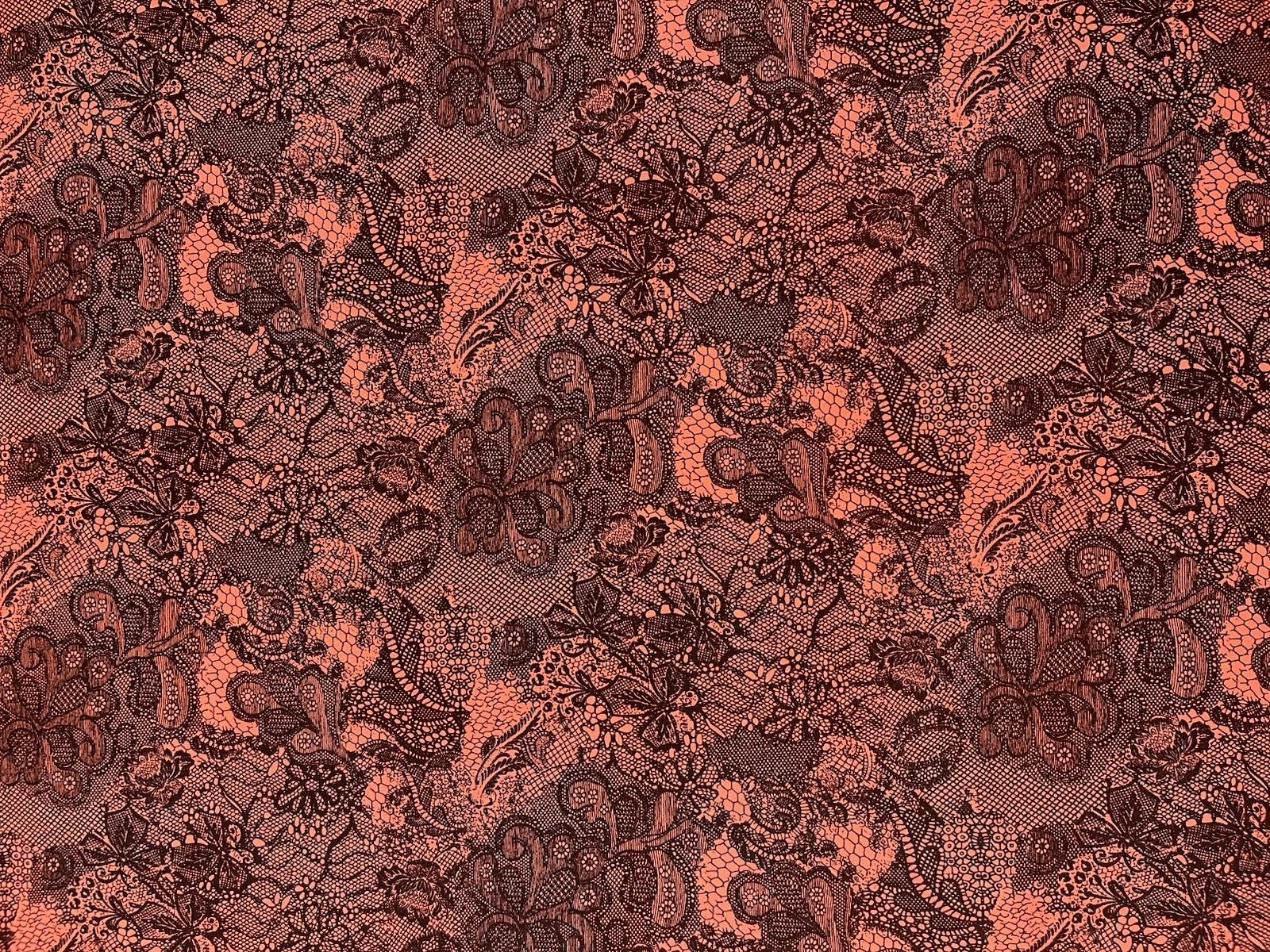 Coral Pink Stretch Lace Fabric with Black Floral Pattern – Elegant & Versatile