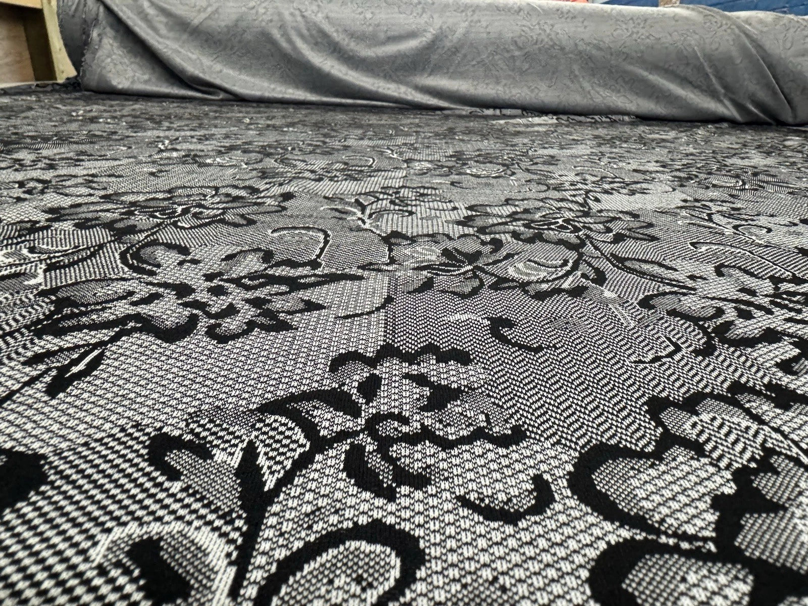 Black and Grey Floral Jacquard Fabric – Textured Woven Dressmaking 152cm