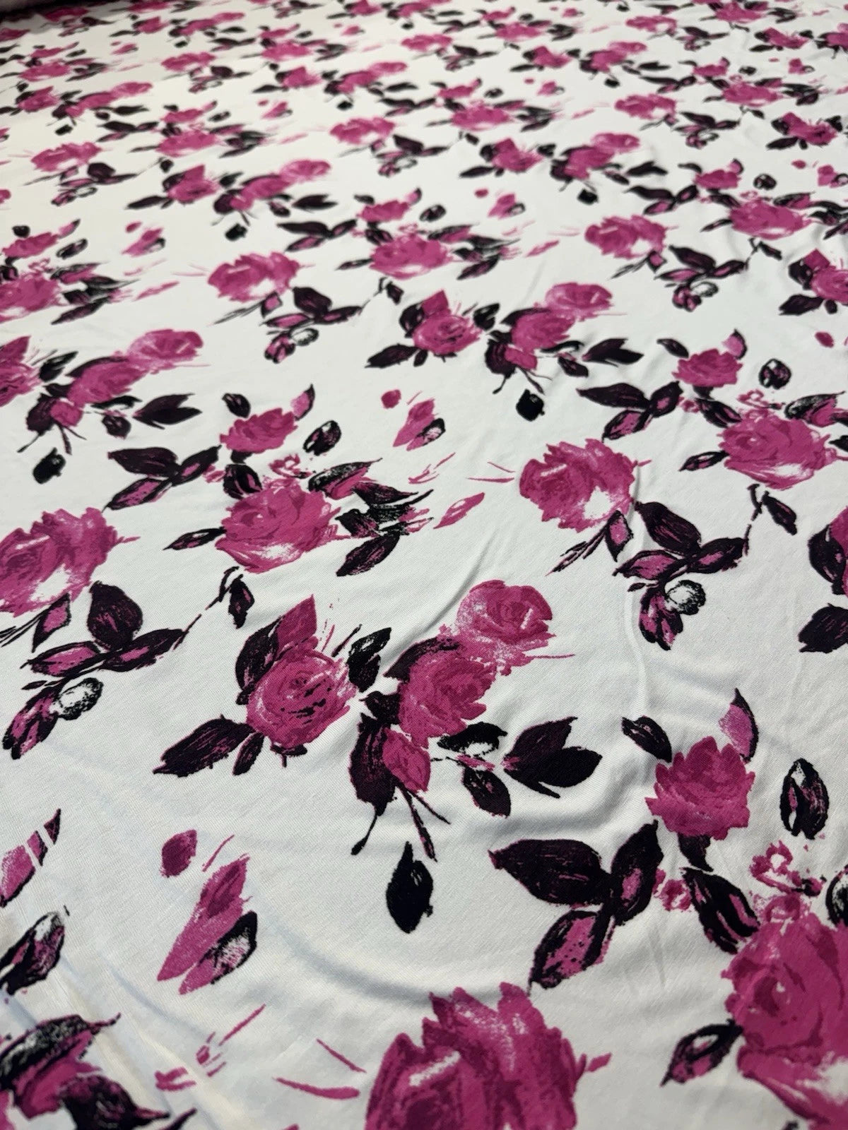 Ivory Floral Spun Polyester Jersey Fabric – Magenta Rose Print 150cm