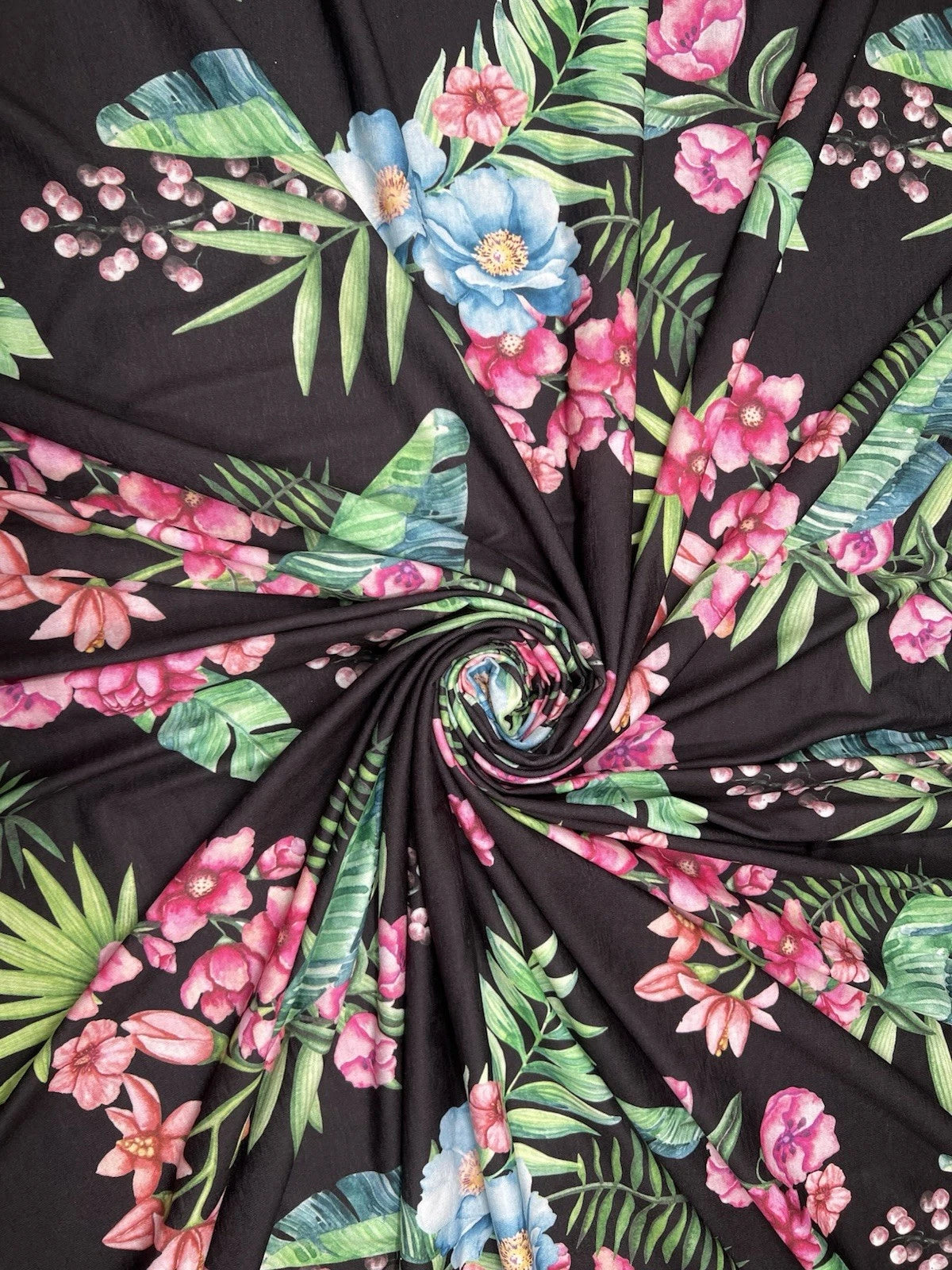 Black Tropical Floral Spun Polyester Jersey Fabric – Pink & Blue Flowers 155cm