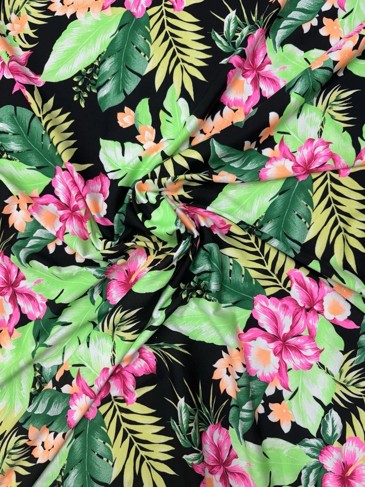 Black Tropical Floral Spun Polyester Jersey Fabric – Pink Hibiscus & Green Leaves 150cm