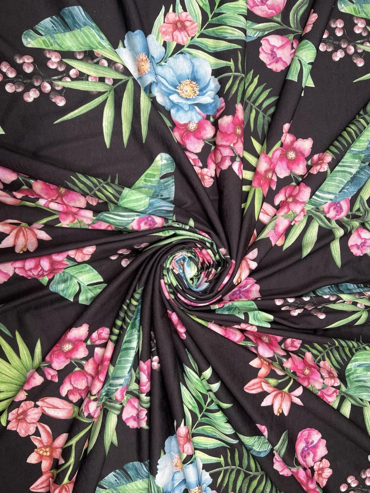 Black Tropical Floral Spun Polyester Jersey Fabric – Pink & Blue Flowers 155cm