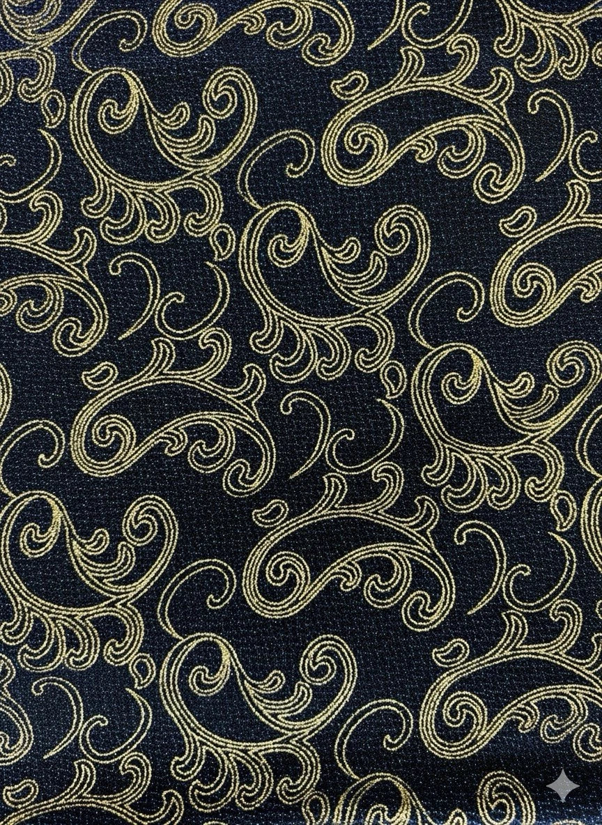 Navy Blue & Gold Brocade Fabric Metallic Swirl Jacquard Upholstery Material 150cm