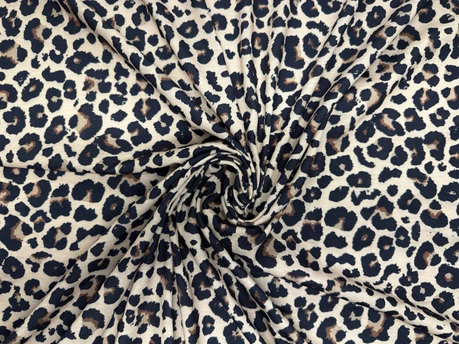 Classic Leopard Print Spun Polyester Jersey Fabric – Cream & Black 153cm
