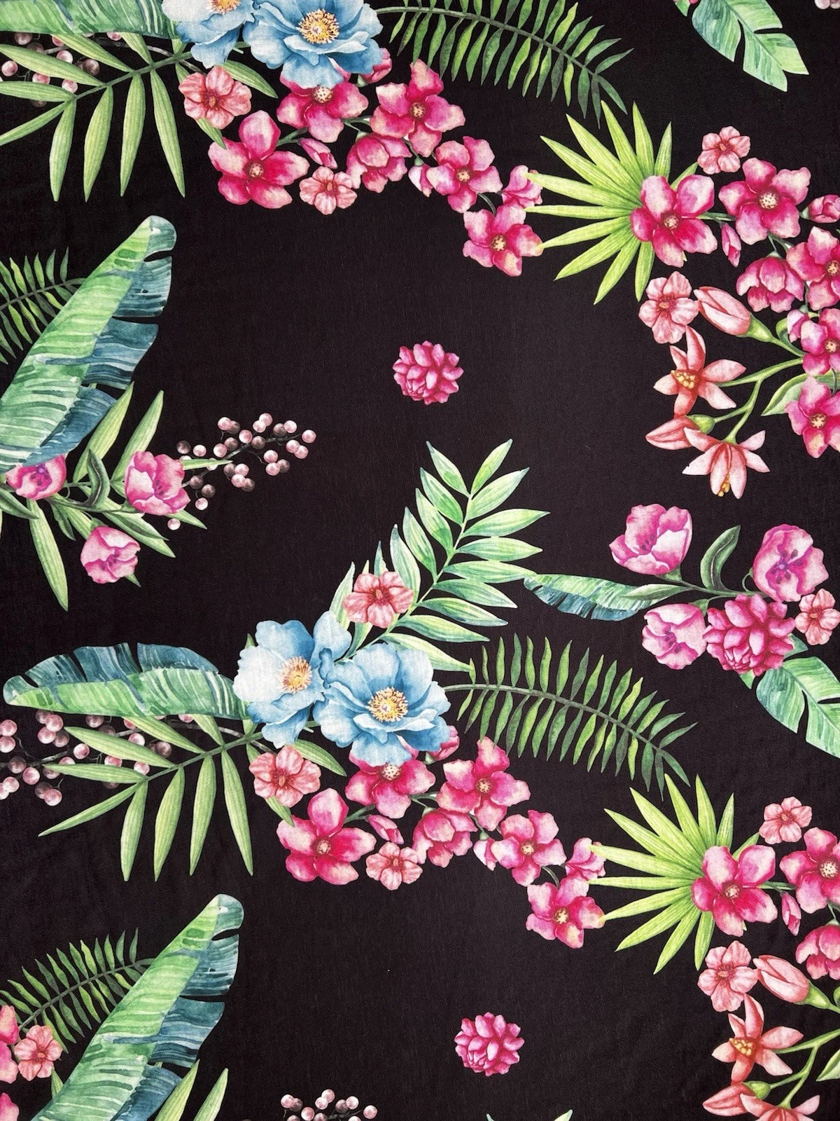 Black Tropical Floral Spun Polyester Jersey Fabric – Pink & Blue Flowers 155cm