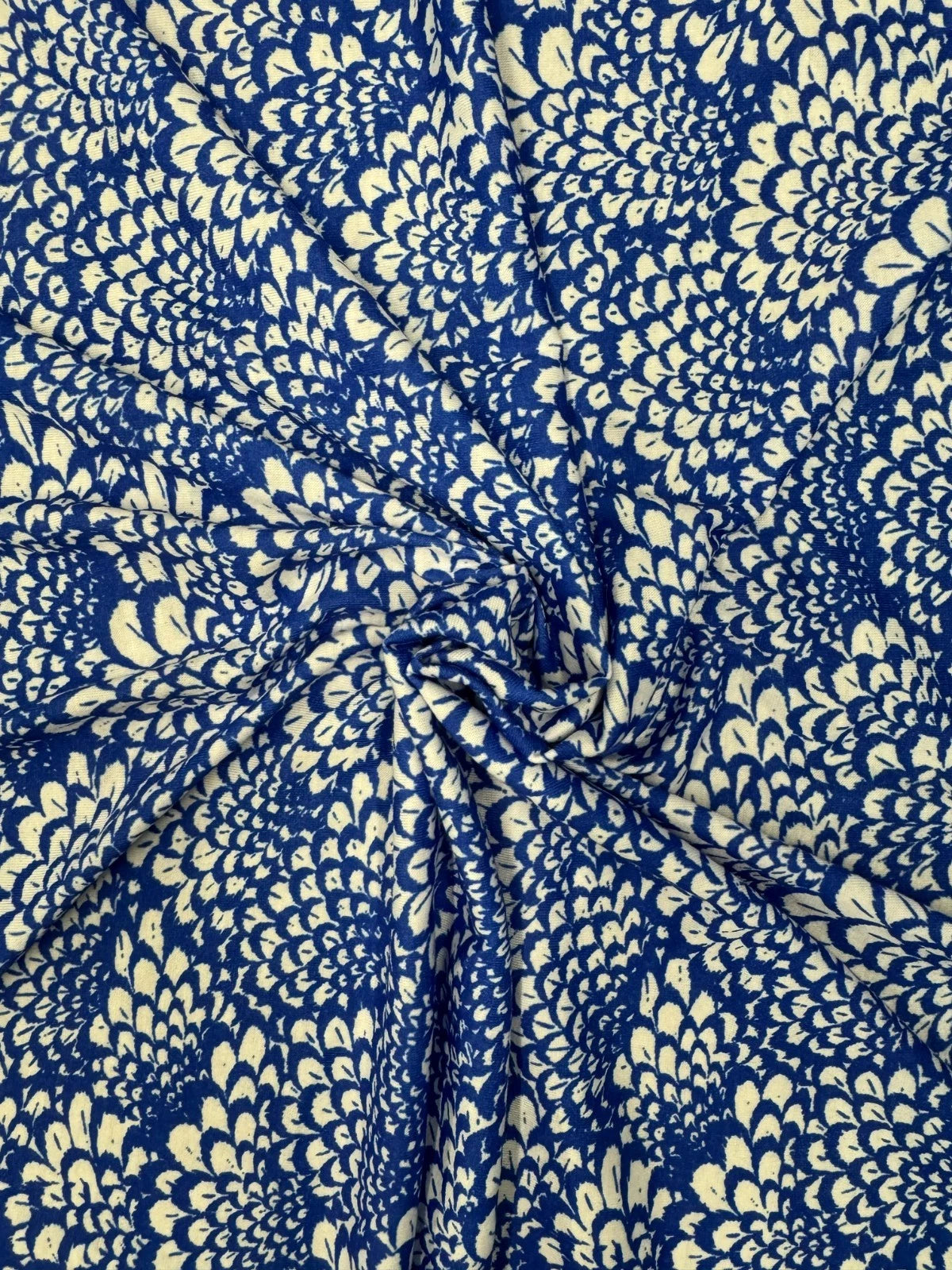 Blue & White Floral Spun Polyester Jersey Fabric – Scalloped Petal Print 158cm