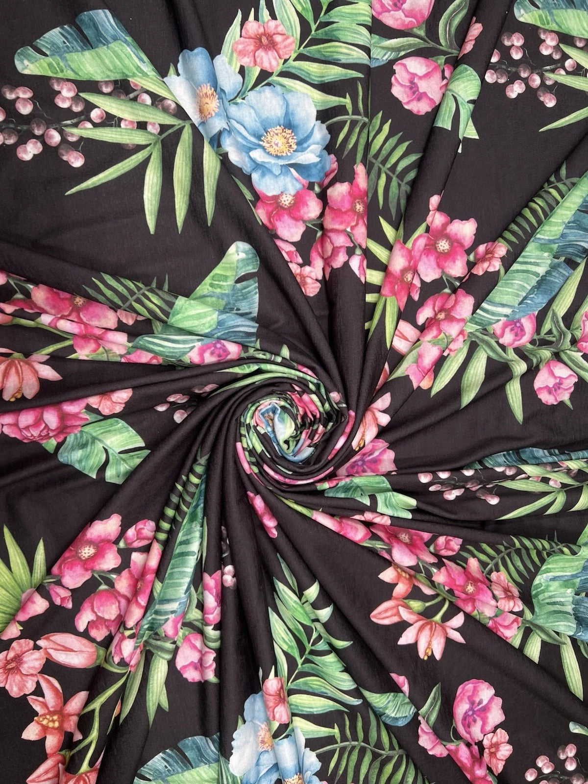 Black Tropical Floral Spun Polyester Jersey Fabric – Pink & Blue Flowers 155cm