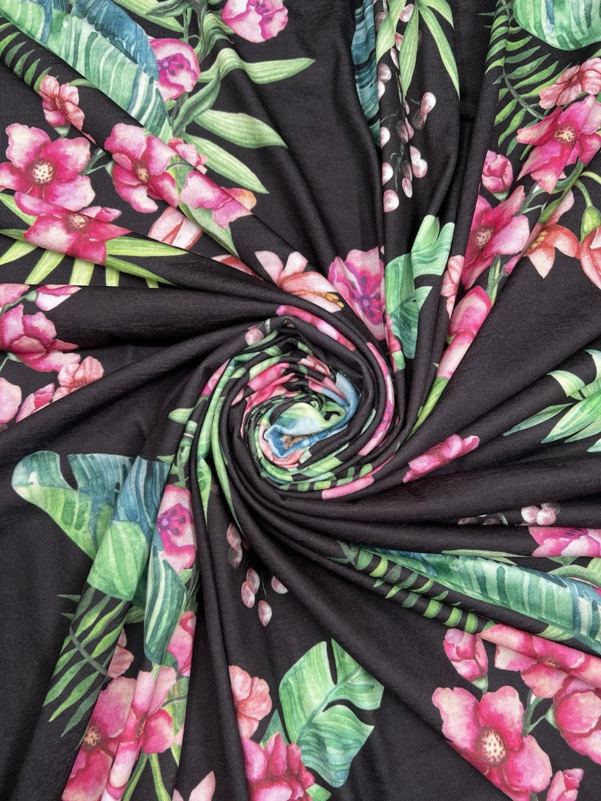 Black Tropical Floral Spun Polyester Jersey Fabric – Pink & Blue Flowers 155cm