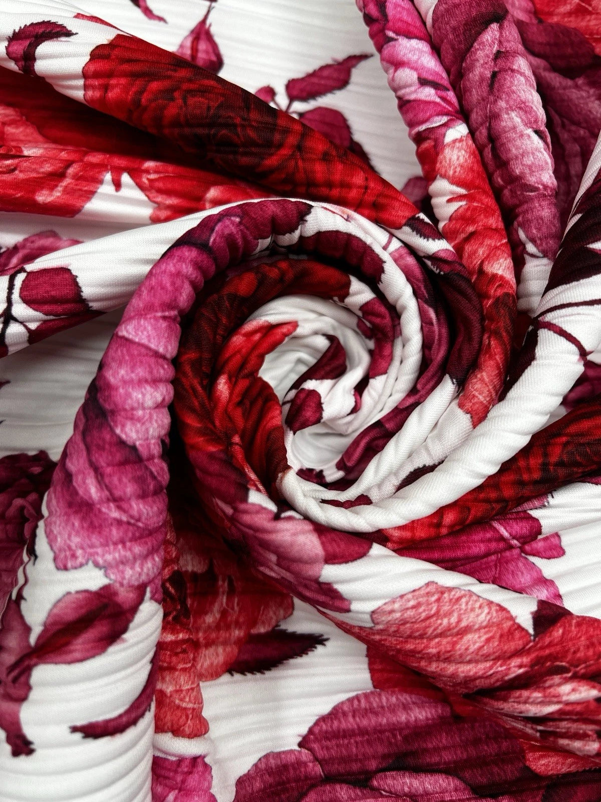 Red Pink Rose Floral Print Pleated Plisse Fabric - Flowing Dress Skirt 150cm