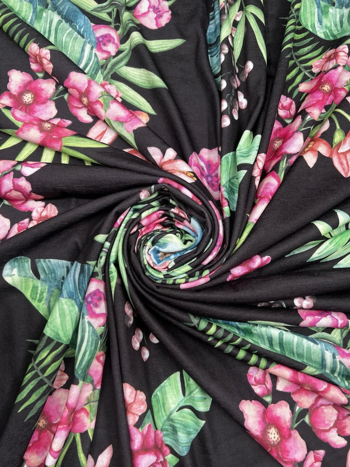 Black Tropical Floral Spun Polyester Jersey Fabric – Pink & Blue Flowers 155cm