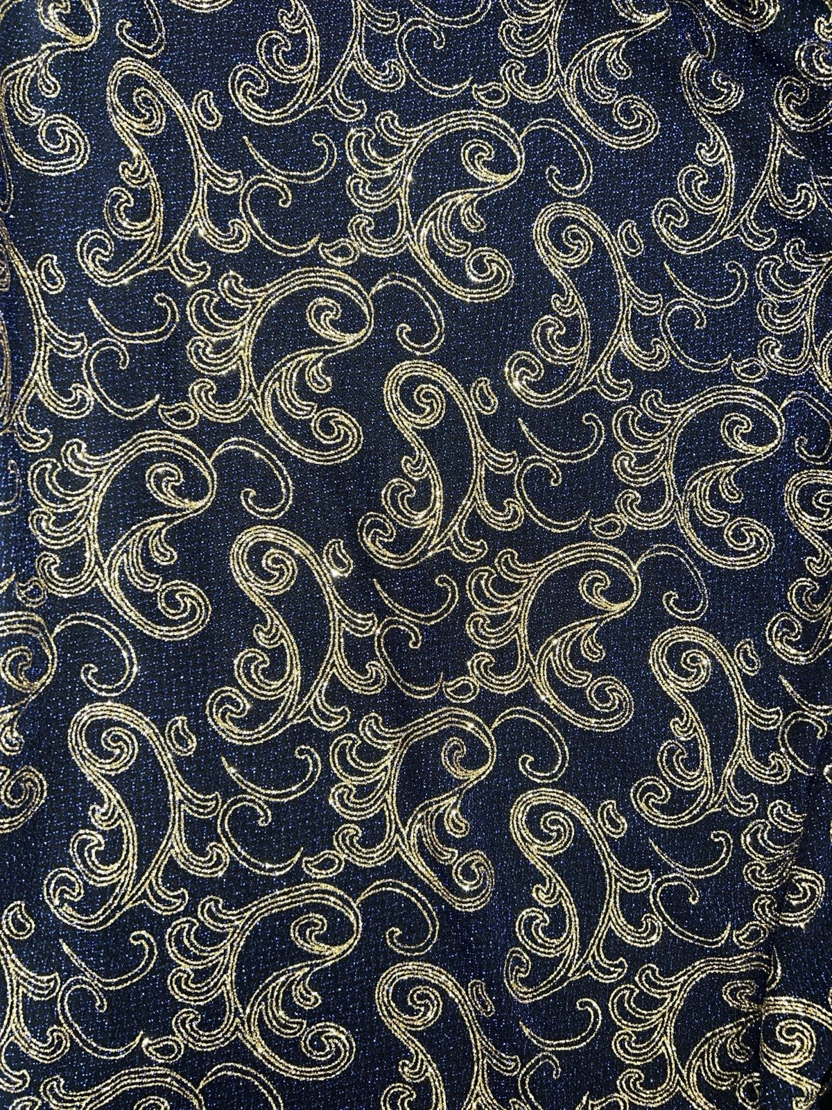 Navy Blue & Gold Brocade Fabric Metallic Swirl Jacquard Upholstery Material 150cm