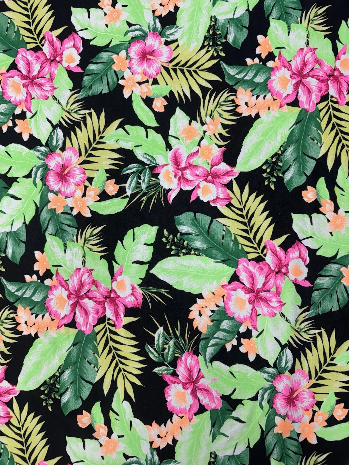 Black Tropical Floral Spun Polyester Jersey Fabric – Pink Hibiscus & Green Leaves 150cm