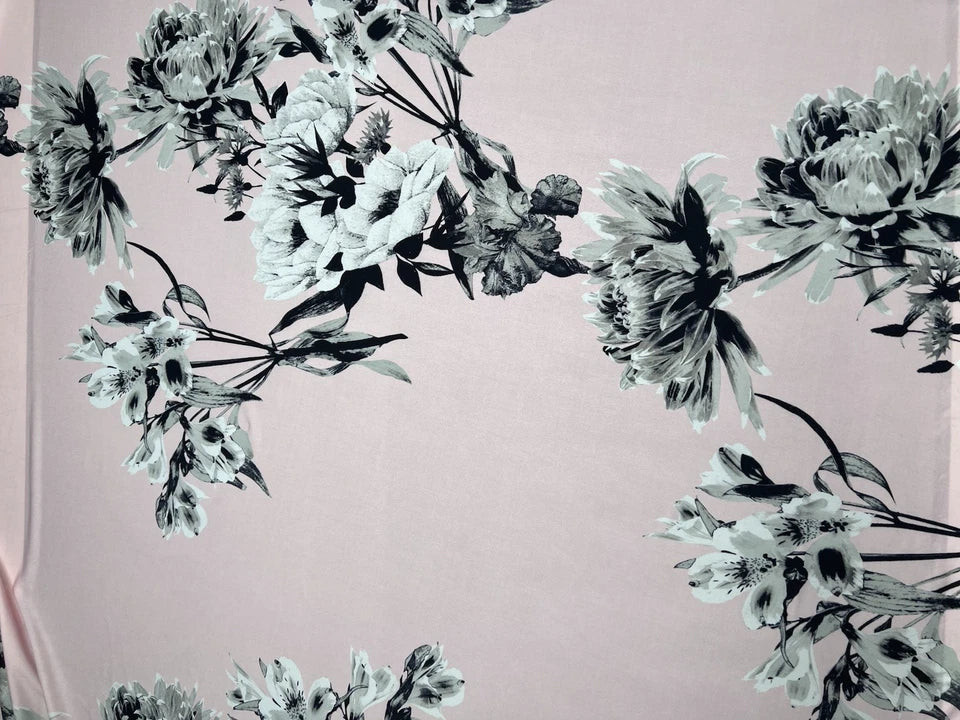 Pink Monochrome Floral Slinky Soft Stretch Drape Dressmaking Fabric 150cm