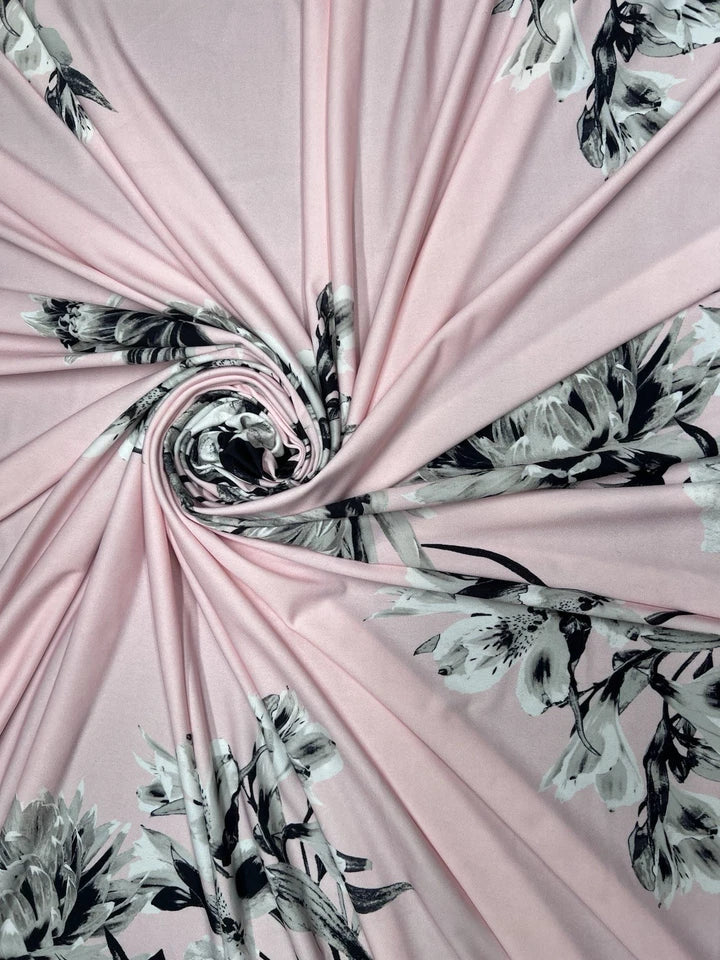 Pink Monochrome Floral Slinky Soft Stretch Drape Dressmaking Fabric 150cm