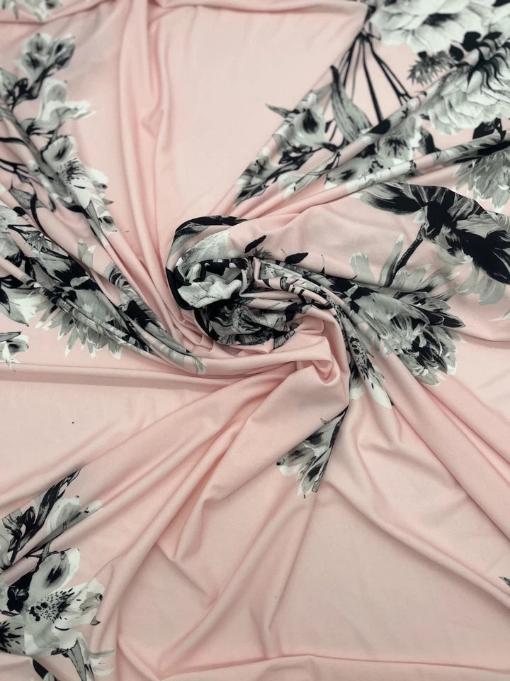 Pink Monochrome Floral Slinky Soft Stretch Drape Dressmaking Fabric 150cm