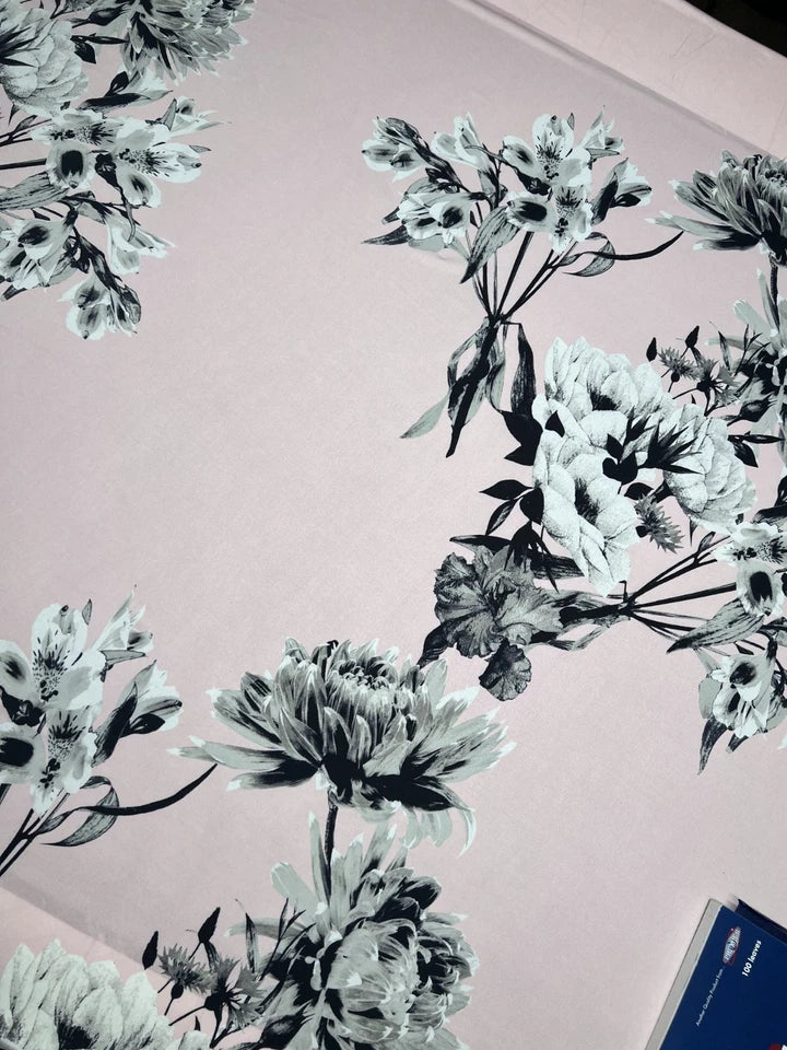 Pink Monochrome Floral Slinky Soft Stretch Drape Dressmaking Fabric 150cm