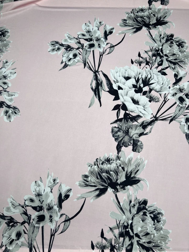 Pink Monochrome Floral Slinky Soft Stretch Drape Dressmaking Fabric 150cm
