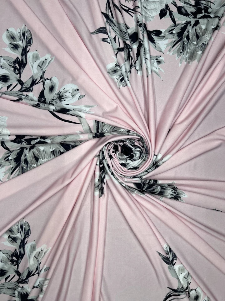 Pink Monochrome Floral Slinky Soft Stretch Drape Dressmaking Fabric 150cm